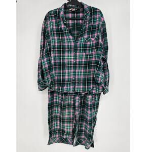 Victoria’s Secret Green Pink Plaid Flannel Two Piece Long Sleeve Pajama Set XL